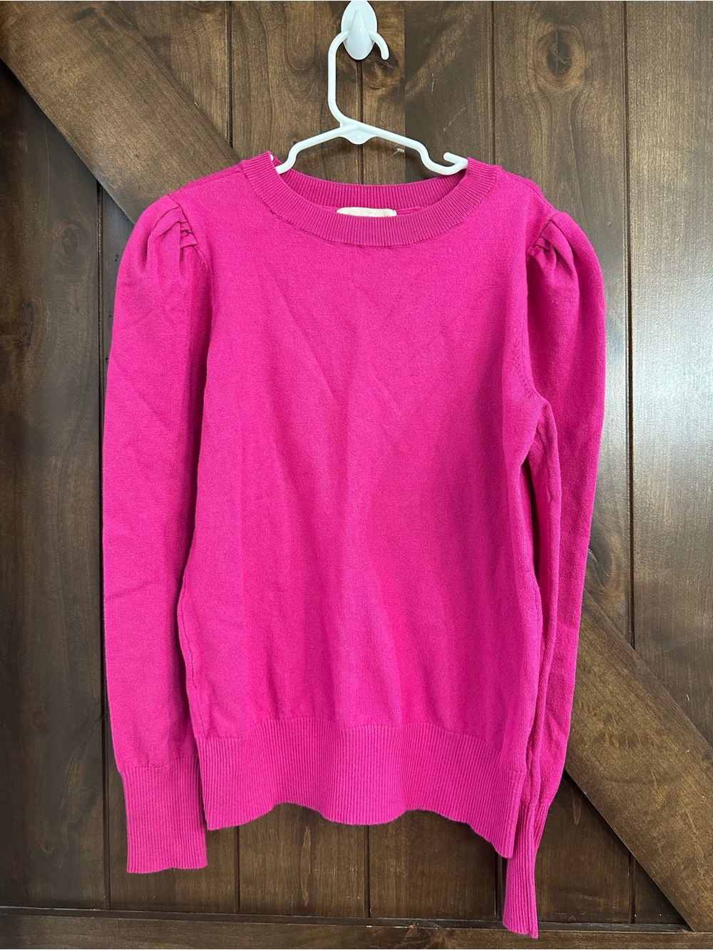 Marled Hot Pink Crewneck Sweater with Subtle Puff Shoulders